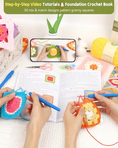 Katech Crochet Kit for Beginners-Crochet Kit for Adults w/Video Tuturials | Granny Square Kit Learn to Crochet 50 Pattern Granny Square Kits Crochets Starter Kits w/Upgraded Yarn-Zero Based Friendly - color: Brown-orange gradient