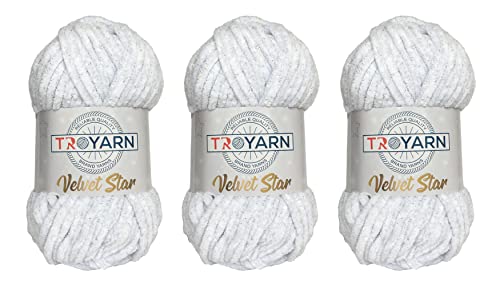 TROYARN Velvet Star (3- Skeins Pack) Silvery Glitter Chenille Baby Blanket Yarn Amigurumi Yarn for Crocheting and Knitting Super Bulky 3x100 gr (3x120 yds) (10401 - White, 3 Skein) - color: 10401 - White, size: 3 Skein
