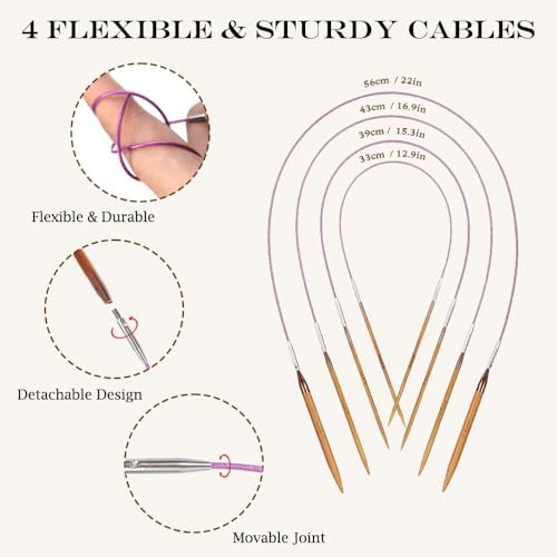 Yarniss Bamboo Circular Knitting Needle with Flexible Cable 3.5mm~10.0mm | 13 Pairs Interchangeable Knitting Needles with Case,4-Inch Round Knitting Needle US Size 2.5~15 - color: Multicolor