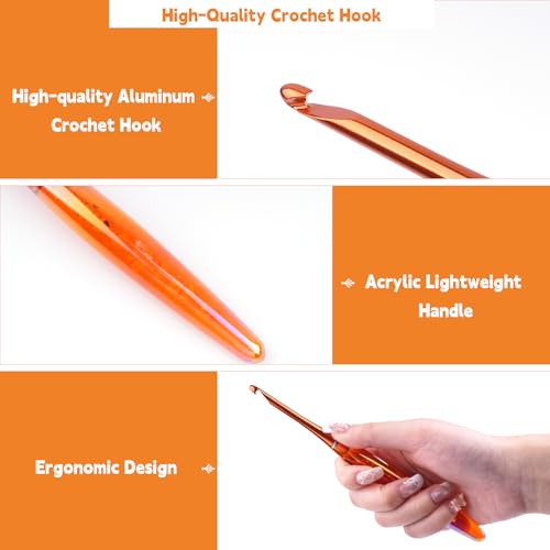 BsHooker 5mm Crochet Hook,Inline Crochet Hook with Ergonomic Acrylic Handle for Arthritic Hands,Extra Long Knitting Needles for Crocheting Yarn,Stainless Steal Polished Hook Head for Beginner - size: 5mm