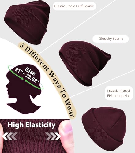 100% Cotton Beanie Hat Winter Hats Women Men Warm Knit Beanies | Double Layer Warmth ,Ultra-Soft Itch-Free Pure Cotton Knitted, Cuffed & Uncuffed Fisherman Slouchy Skull Cap for Womens Mens - color: 1pcs Wine Red