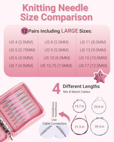 Interchangeable Circular Knitting Needles Set with Stylish PU Binder Organizer Bag 12 Pairs Aluminum Needles & 378 PCS Accessories US Size 4-17 (3.5mm-12mm) Large Needle Sizes