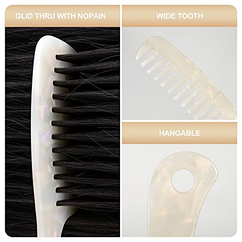 Large Wide Tooth Hair Comb Tortoise Shell Comb for Thick Curly Hair | Cellulose Acetate Hair Detangling Comb Round Tooth for Women Men or Kids, Anti-Static Wet or Dry, White - color: White