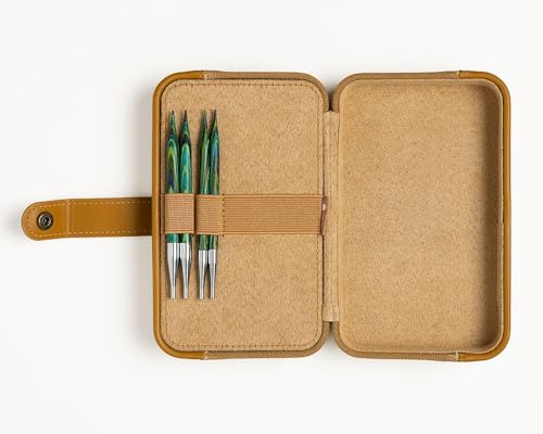 Knit Picks x DellaQ Interchangeable Knitting Needles Set with Buddy Case | 9 sizes of green 4.75 inch long knitting needles, US 4-11, includes Mustard Canvas and Faux Leather case - color: Mustard and Regular Caspian Needles