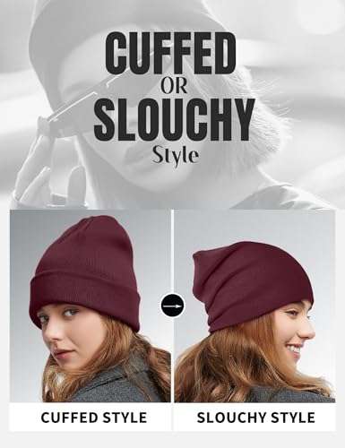 Fleece Lined Wool Beanie Hat Men Women, Warm Cuffed Winter Cap | 50% Wool Thermal Knit, Soft Velvet Fleece Liner, Long Style Full Ear Cover Warm Watch Cap, Tall Roomy Crown Skull Cap - color: Winered