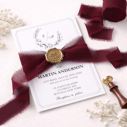 DORIS HOME Handmade Fringe Chiffon Ribbon 1" x 21Yd Burgundy & Pink | Fabric Ribbon, For Flower Bouquet/Gift Wrapping/Wedding Invitations/Christmas Decorations/Party Decor - color: Burgundy and Pink