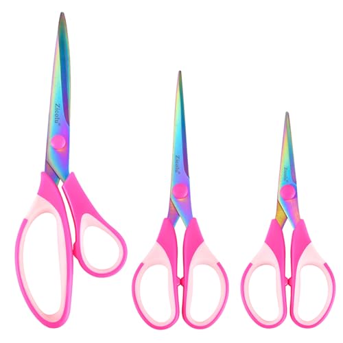 Zicolu Craft Scissors Set of 3 pack, Sharp Rainbow Titanium Coating All Purpose Scissors, Ergonomic Semi-Soft Rubber Grip, Suitable for School, Office and Household Use, Pink, 8.5''/6.5''/5.5" - color: Pink, size: 3-Pack(Assorted Sizes)