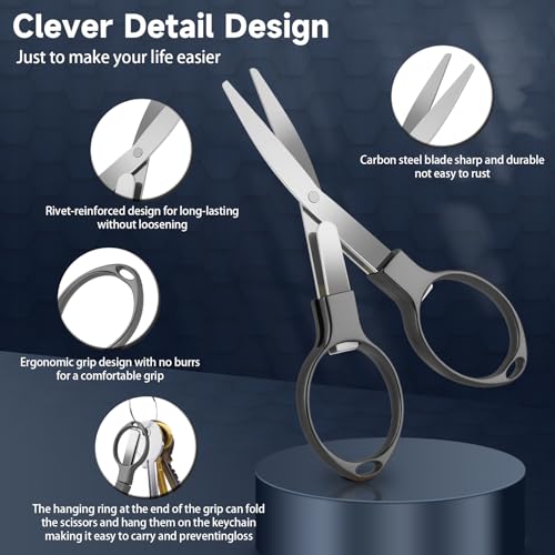 3 Pcs Folding Stainless Steel Mini Badge Scissors with 3 Keychains | Safety Foldable Pocket Travel Small Scissors All Purpose for Nurse Accessories, Travel, Office, Craft, Sewing (Gray Black) - color: Gray Black