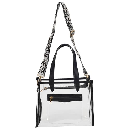 Clear Tote Bag for Women Thick PVC Clear Bag Transparent Stadium Bag with Guitar Strap - color: Black