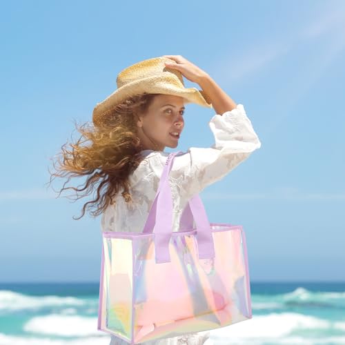 Motomy Iridescent Clear Beach Bag for Women Summer Cruise Essentials | Jelly Tote Waterproof Sandproof Holographic Bag for Gyms, Pools and Travel 26L Large Bag For Phone, Cosmetics, Clothes