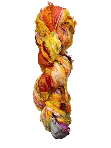 Maker's Craft Recycled Fuzzy Fringes Sari Silk Ribbon Yarn 35yards, 100Grams for DIY Knitting Crocheting Gift Wrapping, Christmas Decoration, Macrame Makers, Jewelry Making, Rugs Hooking (Yellow) - color: Yellow