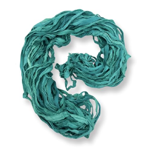 100% Recycled Saree (Sari) Silk Ribbon Yarn - Bulky Weight - 50 Yards per 100 Grams | Knitting & Crocheting | Jewelry Making, Gift Wrapping and Weaving (Reef Green) - color: Reef Green