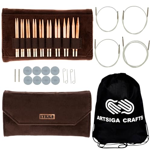 Lykke Cypra 3.5-inch Interchangeable Circular Knitting Needle Set | Standard US 3, 4, 5, 6, 7, 8, 9, 10, 10.5 Brown Case, Copper Semi-Sharp Tips, Smooth Metal Joins, 360-Cables, Project Bag - color: Cypra-with-Brown-Suede-Case
