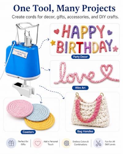 iplusmile Automatic i-Cord Knitting Machine, Electric Yarn Cord Maker Tool for Knitted Wire Art, Tricotin Crochet French Knitter with Fixator Clamp & USB Cable (Blue) - color: Blue