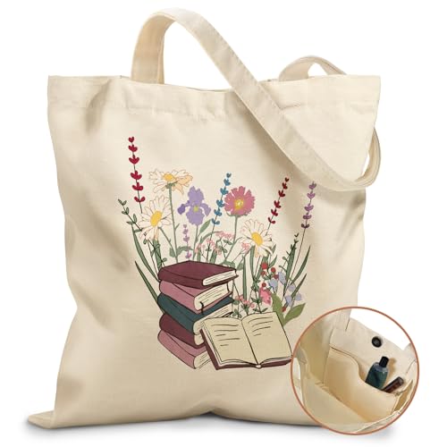 Miss Adola Aesthetic Tote Bag for Girls - with Magnetic Buckle and Zipper Inner Pocket for Women Lady Canvas Cotton Tote Bag - color: Book Flower