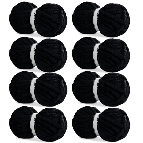 HOMBYS Black Chunky Chenille Yarn for Hand Knitting,Fluffy Soft Jumbo Yarn Crocheting,Super Bulky Big Yarn for Chunky Blanket,Large Thick Arm Knitting Yarn,8 Pack Plush Yarn - color: Black