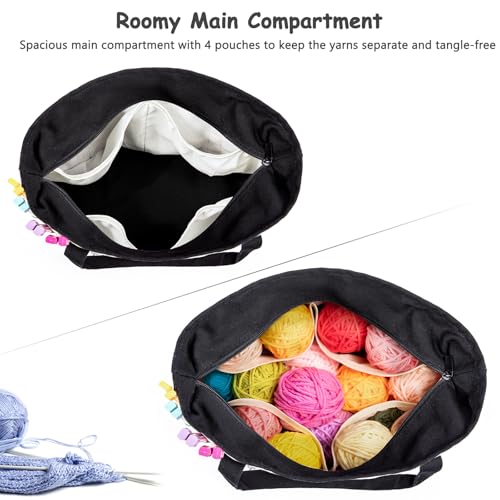 Canvas Yarn Storage Organizer Bag Washable Crochet Bag with Pockets for Yarn, Hooks, Needles – Travel Knitting Tote for Crafters – Gift for Crocheters & Knitters (Medium/Large) - color: Nature-Black, size: Large-15”