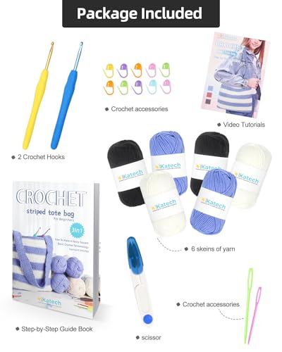 Katech Crochet Kit for Beginners w/Striped Tote Bag 3-1 Crochet Book | Crochet Starter Kits for Adults Includes Yarn Crochets Hooks Accessories Knitting Kit Crafts for Adults Holiday Gift Two-Tone - color: Black and Bule