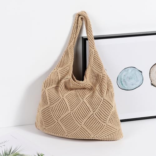 WantGor Crochet Bags, Beach Mesh Tote Bag Womens Shoulder Shopping Handbag | Casual Travel Totes Bag Foldable Hobo Bags - color: Yellowish-brown