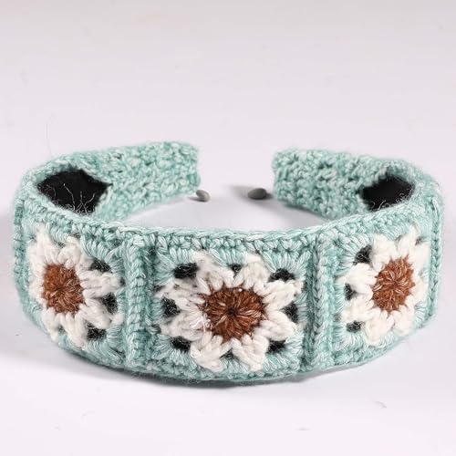 Crochet Headband for Women, Handmade Sunflower & Checkered Hair Accessories, Stretchable Boho Hair Band (Blue-White-Brown, Sunflower) - color: Blue-White-Brown