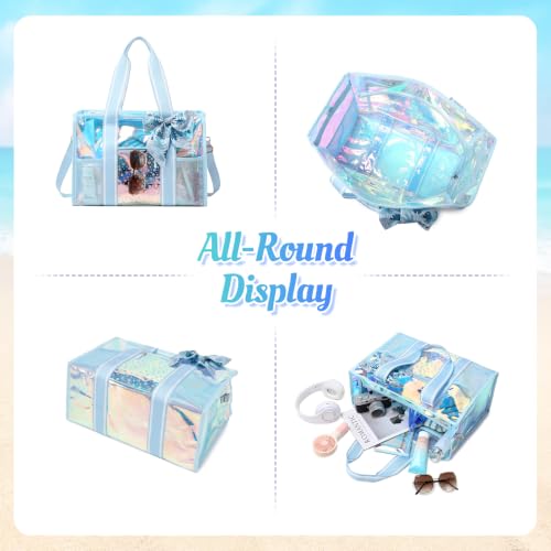 Sisipoet Women Clear Beach Bag, Large Iridescent Clear Tote Bag with Phone Pouch and Strap, Heavy Duty Waterproof Jelly Tote - color: Iridescent-blue