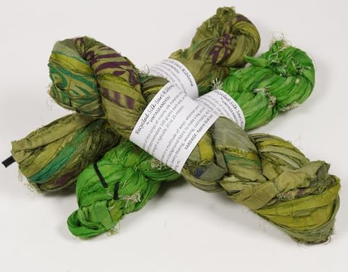 Artisan Recycled Sari Silk Ribbon Yarn - 300g (3 x 100g Skeins) | Handmade Upcycled Silk Strips for Crochet, Macramé, Weaving, Rug Hooking & Mixed Media Crafts | Green - color: Green