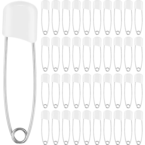 WILLBOND 100 Pcs Large Safety Pins for Clothes,with Bag, White | Plastic Head with Locking Closures, Heavy Duty Nappy Pins Hooks, 2.2 Inch Fasteners, Stainless Steel, Velvet Bag - color: White