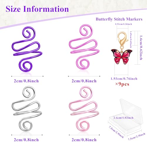 HUISUYTON 4Pcs Handmade Crochet Ring with 10 Pcs Butterfly Stitch Marker | Adjustable Crochet Tension Ring for Finger, Metal Open Yarn Guide Crocheting Loop Ring, Gifts for Crocheters Knitters Mother - color: Multicolored