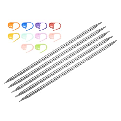 uxcell 5Pcs US 8(5mm) Double Pointed Knitting Needle 7.87 Inches Length Stainless Steel Sweater Stitching Needles with 10 Stitch Marker for Handmade Projects DIY Knitting - size: 5mm