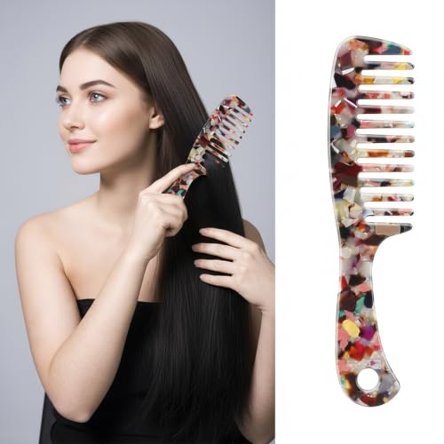 Large Wide Tooth Hair Comb Tortoise Shell Comb for Thick Curly Hair | Cellulose Acetate Hair Detangling Comb Round Tooth for Women Men or Kids, Anti-Static Wet or Dry, Multi-colored - color: Multi-colored