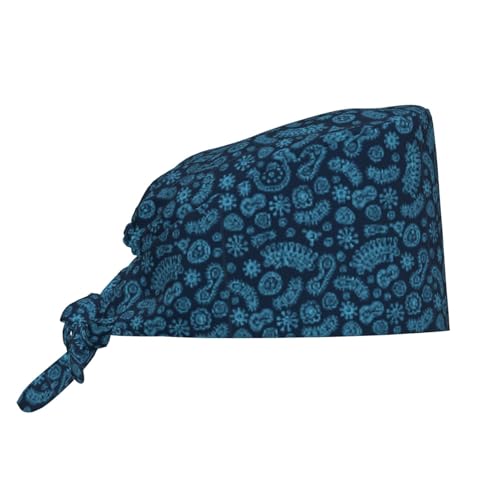 MOLIAN Dental Tooth Adjustable Working Cap Surgical Headgear for Women Men | Adjustable Tie Back Scrub Caps with Button Built-in Sweatband Working Cap for Nurses Doctors and Workers - color: Blue Microorganism