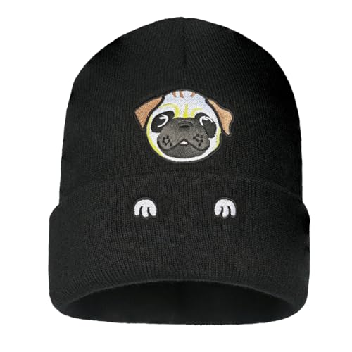 Personality Animal Head Embroidery Knit Beanie Hat for Adult and Big Kids Winter Warm Skull Cuffed Hats - color: Dog 2-black
