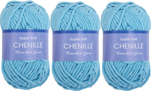ThreadArt 3 Pack Chenille Yarn for Crochet, #5, Aqua 09 | Super soft plush chenille yarn for crochet, knitting, amigurumi, blankets and toys. Fluffy #5 weight, 50g/60yd skeins. - color: AQUA, size: 3 PACK