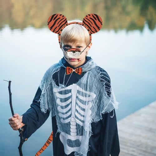 4 Pieces Tiger Ears Tail Costume Accessories Set – Plush Tiger Ears Headband, Tail, Bow Tie, and Nose for Kids and Adults, Jungle Safari Party, Halloween Dress-Up, Cosplay, and School Plays