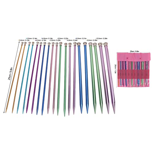 Aluminum Metal Knitting Needle Set 20PCS - 10 Size Straight Knitting Needles with Storage Bag - Colored Straight Single Pointed, 3.0-10mm 9.8inch Length for Knitting DIY and Crochet Enthusiasts