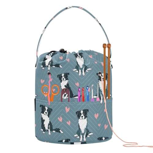 Fustylead Cute Border Collie Dog and Pink Hearts Crochet Drawstring Organizer, Large Yarn Bag Storage Tote Basket for Crocheting On The Go, Kit Holder, Gift for Knitter, Crochet Beginner - color: Blue10 Border Collie Dog