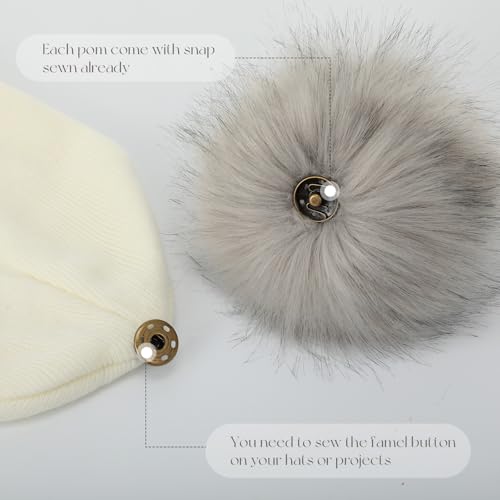 Juinte 8 Pcs 6 Inch Large Fur Pom Pom Balls for Hats Fluffy Faux Fur Pompom Balls with Snap Button for Hat Shoes Scarves Bag Charms DIY Crafts (Gray) - color: Gray