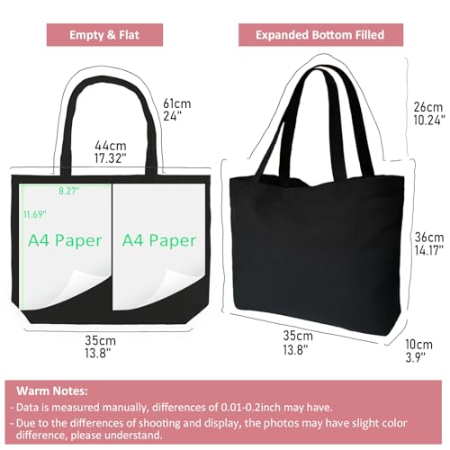 Koolmox Black Canvas Tote Bags, 6-Pack 17x14x3.9'' 12Oz Heavy Duty Cotton Bags with Handles and Bottom, Reusable Grocery Shopping Bag Bulk Sublimation Tote Bags Blank for Teachers Crafts - style: Black_open_17x14x3.9''