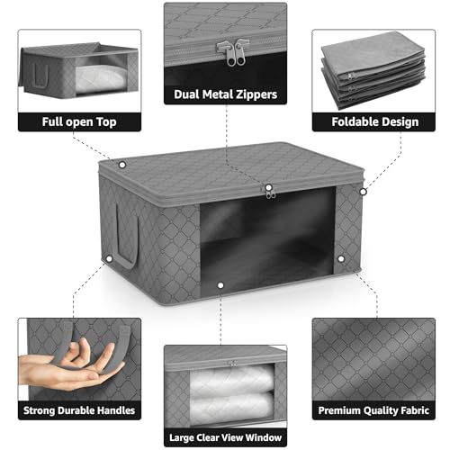 Sorbus Medium Clothes Storage Bags - Foldable Blanket Storage Bins for Organizing Bedroom, Closet, Clothing, Comforter, Organization with Clear Window, Lids and Carry Handles - Set of 6 - color: Gray, size: 6 Pack Large