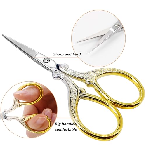 3.6 inch Embroidery Scissors with Leather Sheath for Sewing Art Needlework | Crochet Scissors Stainless Steel Classic Scissor with Leather Cover Crafting Scissor Shears Craft - color: Silver Gold