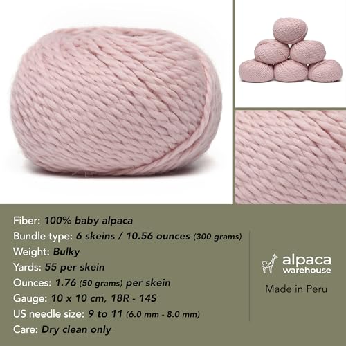 100% Baby Alpaca Yarn 6 Skeins 300g Bulky Weight Knitting Crochet B. Pink | Made in Peru with natural warmth and softness featuring 324yd of premium fiber ideal for scarves shawls sweaters and more - color: Baby Pink, size: Bulky - 6 Skeins