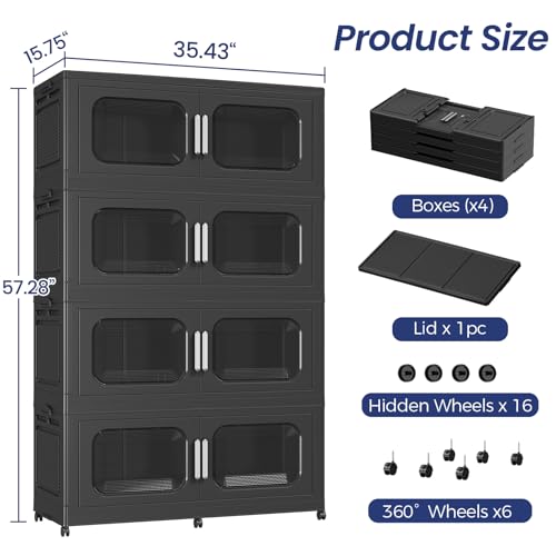 200Gal Extra Large Stackable Storage Bins with Doors & Wheels & Lid, 200QT/50GAL 4-Tiers Collapsible Plastic Drawers Boxes Closet Organizers Containers for Home Kitchen Bedroom, Black - color: Black, size: 50Gal-4Pack
