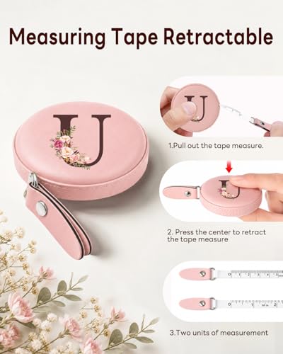 Maicican Retractable Tape Measure, Pink Leather Sewing Measuring Tape, U | with Initial A-Z, 60"/1.5m Soft Sewing Measuring Tape for Body Measurements, Portable Small Fabric Ruler - color: Tape Measure-Pink U
