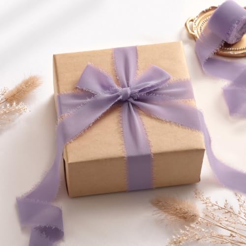 DORIS HOME Handmade Fringe Chiffon Ribbon 1" x 21Yd Pastle Purple | Fabric Ribbon, For Flower Bouquet/Gift Wrapping/Wedding Invitations/Party Decorations - color: Pastle Purple