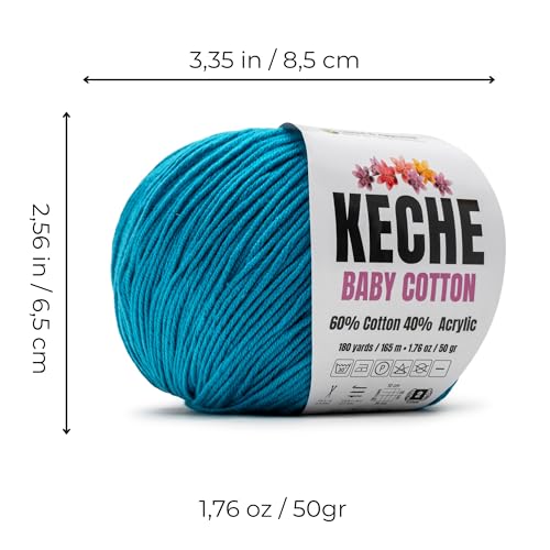 Keche Baby Cotton, 60% Cotton 40% Acrylic Yarn, Soft Cotton Yarn for Crochet and Knitting, Amigurumi Yarn 1 Skein/Ball 1.76 Oz (50g) / 180 Yrds (165m) -Blue - color: BLUE, size: 1 SKEIN