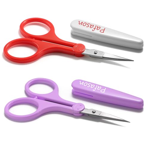 PAFASON Small Travel Sewing Crafting Scissors Set Straight Curved Tip | Stainless Steel for Quilting DIY Knitting Embroidery Cross Stitch Crochet Thread Yarn Paper Detail Cutting Safety Case - color: Curved 3.5in Red + Straight 4in Purple