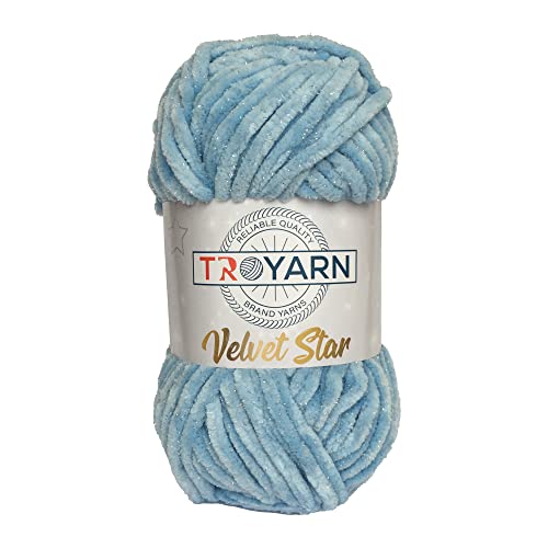 TROYARN Velvet Star, Silvery Glitter Chenille Baby Blanket Yarn Amigurumi Yarn for Crocheting and Knitting Super Bulky 100 gr (120 yds) Length: 110 m (10411 - Light Blue, 1 Skein) - color: 10411 - Light Blue, size: 1 Skein