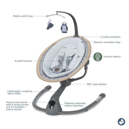 Maxi-Cosi Cassia Smart Baby Swing for Infants, Portable, Foldable Infant Swing with Music, 360 Rotation, 5 Speeds, 12 Melodies, EcoCare Fabric, Auto Motion Sensor, 2 Reclines, Classic Slate - color: Classic Slate