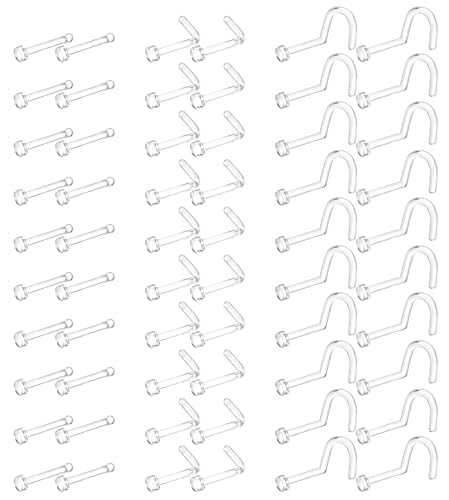 Clear Nose Stud Piercing Retainer Plastic Body Jewelry Lip Helix Septum | Eyebrow Belly Cartilage Bioflex Industrial Bar L-Shape Invisible Flat Back Earring for Women Men Sport Surgery Work - style: 60pcs-18G(1.0mm)-Flat Top