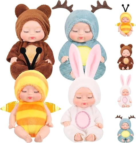 SwankyStyle 4 Pcs Mini Baby Dolls 4 Inch Gift Set, Cute Small Baby Doll Toys with Animal Clothes for Christmas Stockings, or Dollhouse Collections. (Style F) - style: Style F